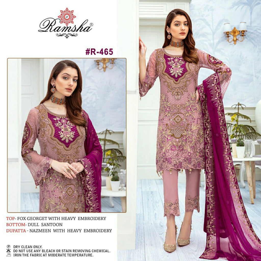 RAMSHA D NO R 465 GEORGETTE WITH HEAVY EMBROIDERY WORK STYLISH DESIGNER PAKISTANI SALWAR SUIT
