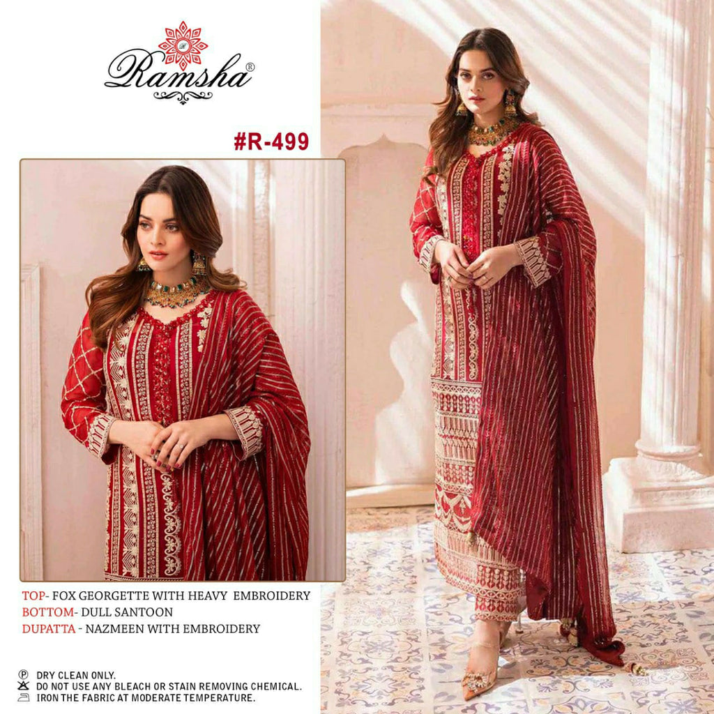 RAMSHA D NO R 499 GEORGETTE WITH HEAVY EMBROIDERY WORK STYLISH DESIGNER PAKISTANI SALWAR KAMEEZ
