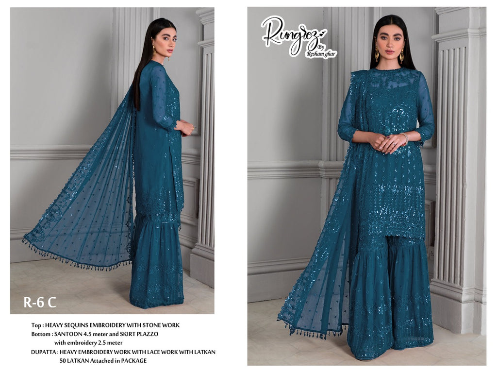 RUNGREZ D NO R 6 C FOX GEORGETTE HEAVY EMBROIDERY WITH STONE WORK STYLISH DESIGNER PARTY WEAR SALWAR KAMEEZ