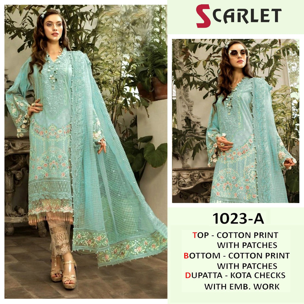 SCARLET DNO 1023 A PURE COTTON WITH HEAVY EMBROIDERY WORK STYLISH DESIGNER PARTY WEAR SALWAR SUIT